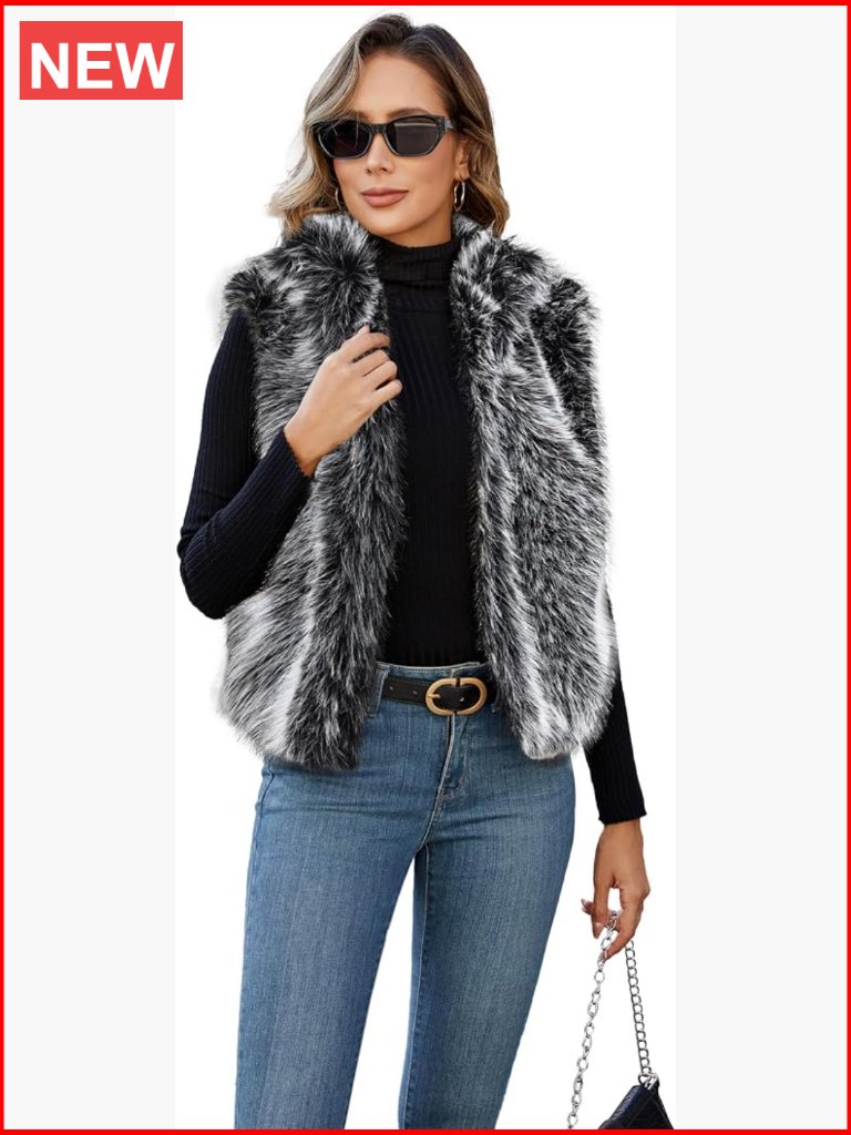 Womens Faux Fur Vest Stand Collar Sleeveless Open Front Cardigan Fuzzy Jacket